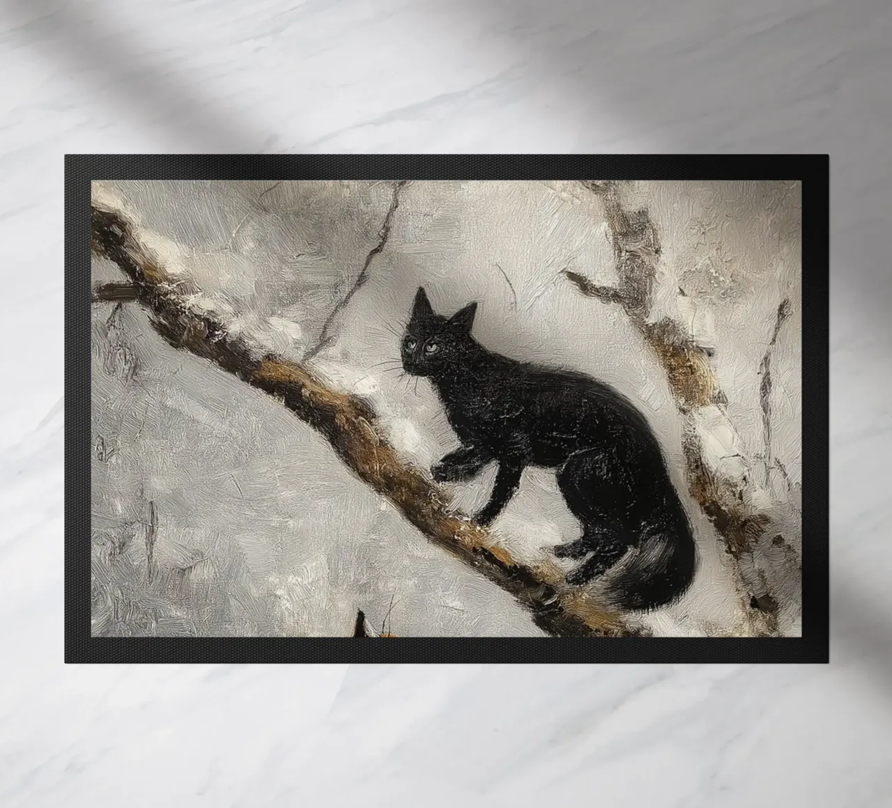 Volpe rossa e gatto nero nella foresta invernale innevata zerbino da Cozy Vibes