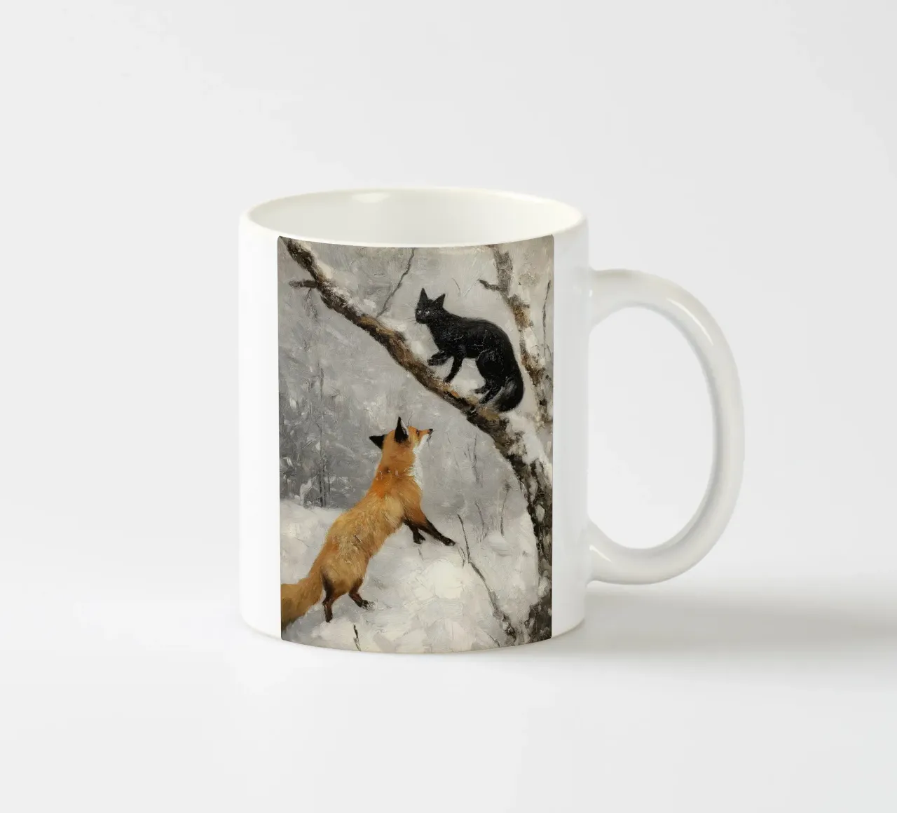 Volpe rossa e gatto nero nella foresta invernale innevata tazza in ceramica da Cozy Vibes