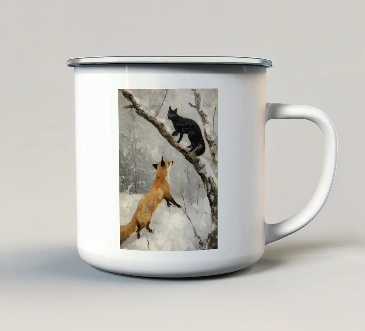 Volpe rossa e gatto nero nella foresta invernale innevata tazza in smalto da Cozy Vibes