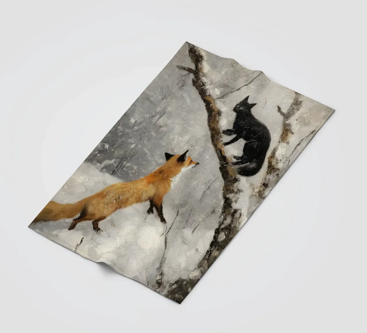 Volpe rossa e gatto nero nella foresta invernale innevata coperta in pile da Cozy Vibes