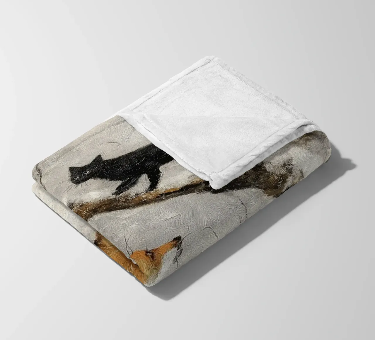 Volpe rossa e gatto nero nella foresta invernale innevata coperta in pile da Cozy Vibes