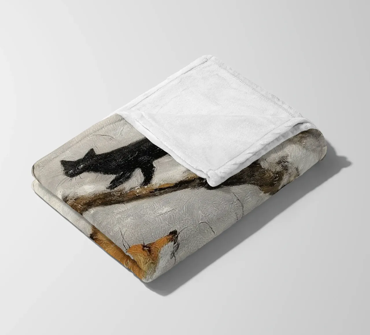 Volpe rossa e gatto nero nella foresta invernale innevata coperta in pile da Cozy Vibes