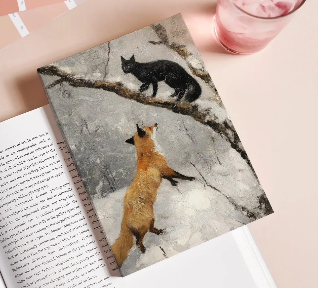 Red fox and black cat in the snowy winter forest notebook by Cozy Vibes