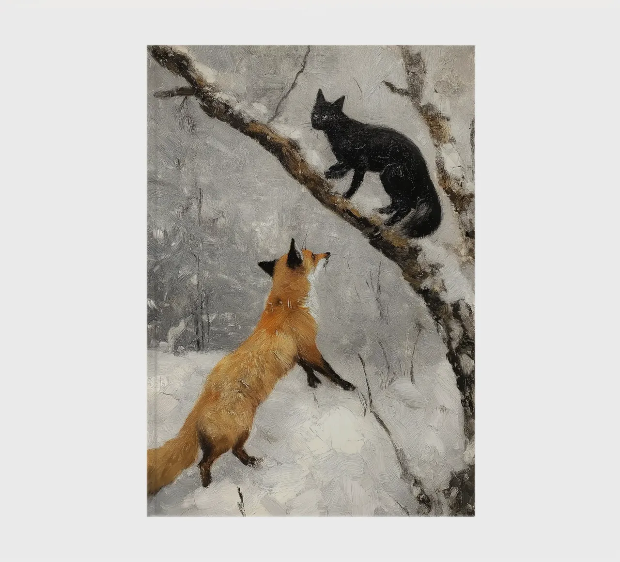 Red fox and black cat in the snowy winter forest notebook by Cozy Vibes