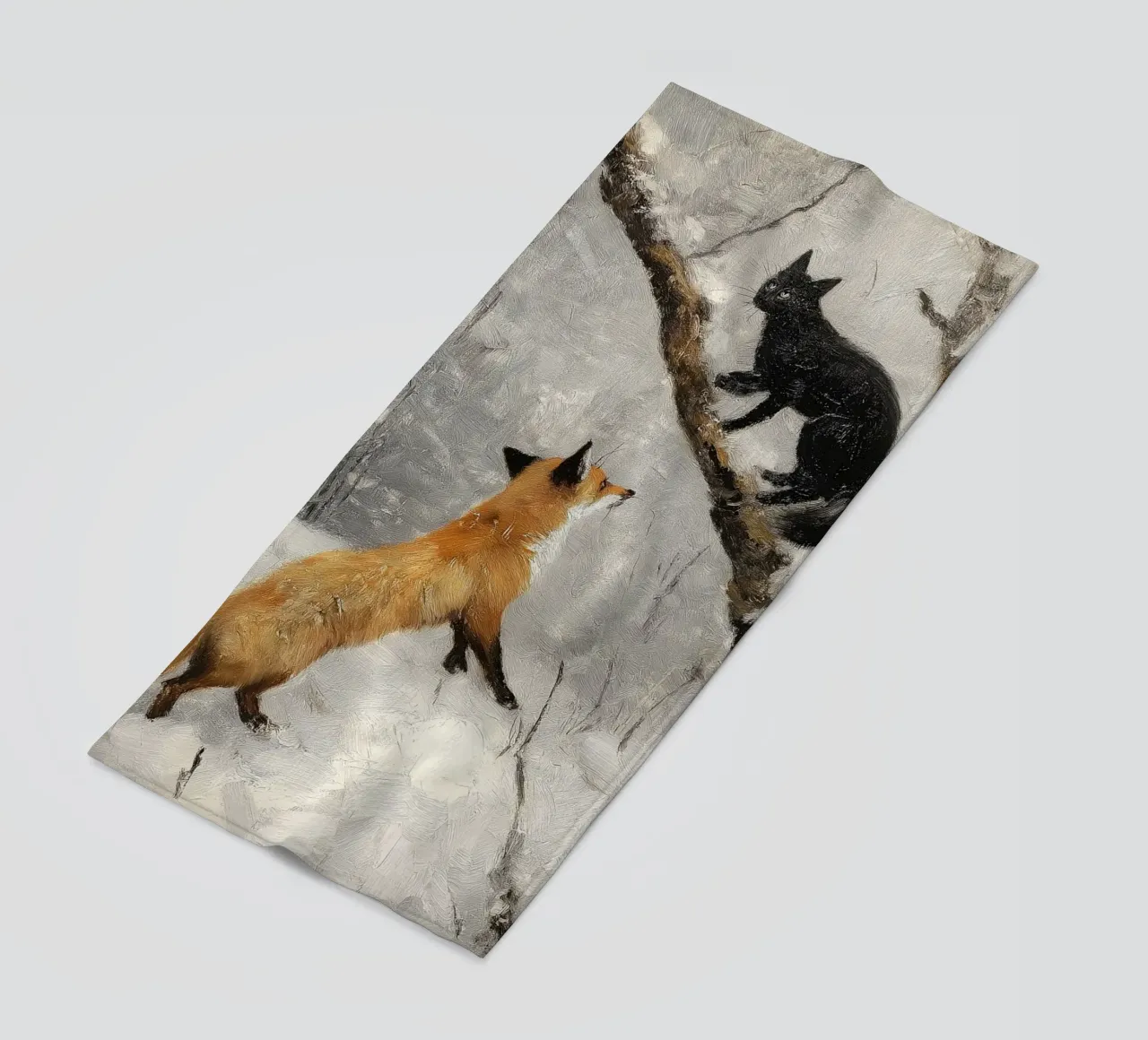 Volpe rossa e gatto nero nella foresta invernale innevata telo mare da Cozy Vibes