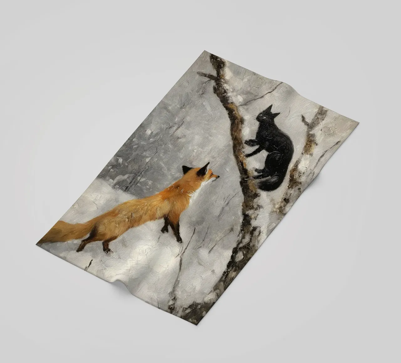 Volpe rossa e gatto nero nella foresta invernale innevata telo mare da Cozy Vibes