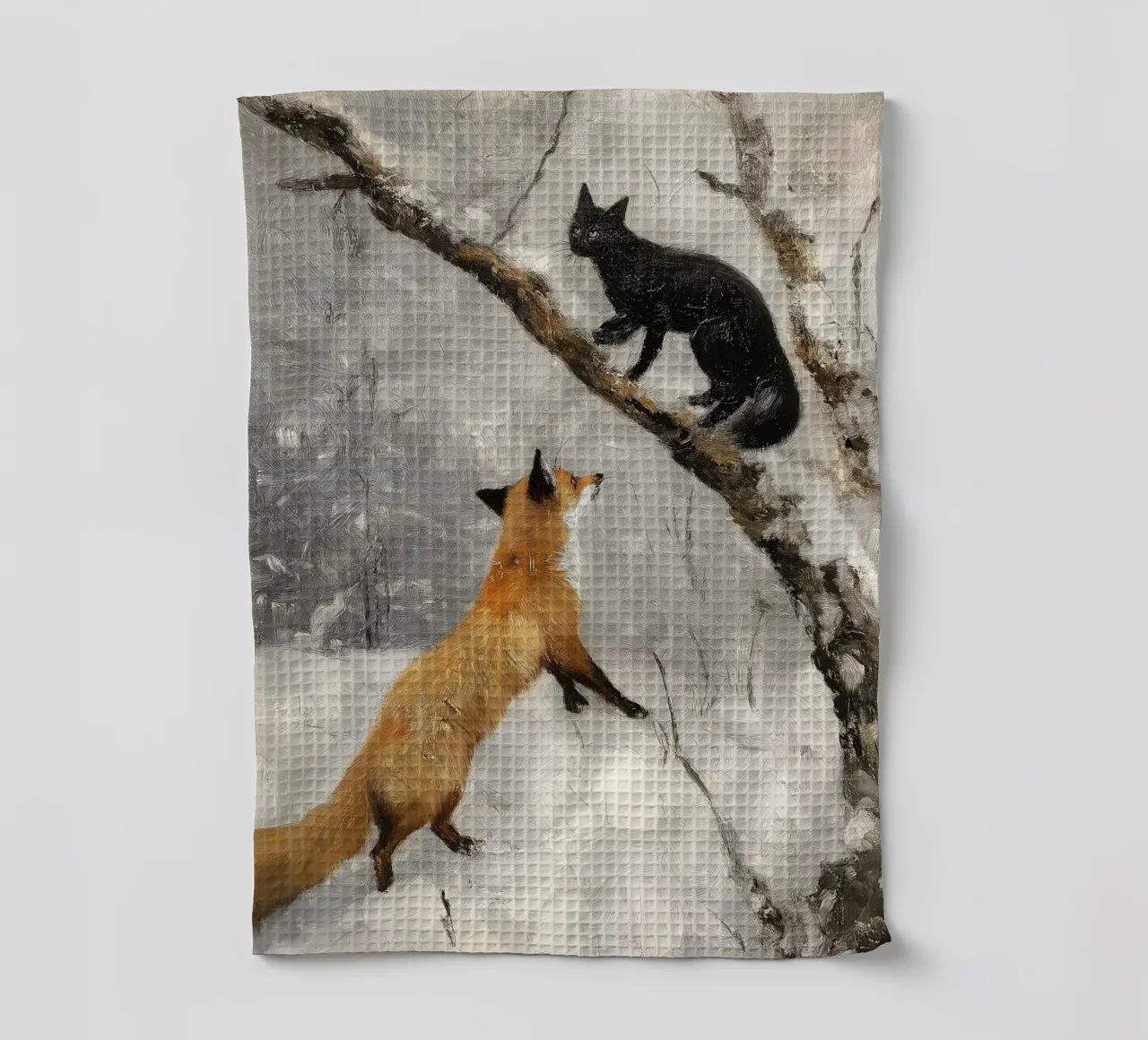 Volpe rossa e gatto nero nella foresta invernale innevata canovaccio da cucina da Cozy Vibes