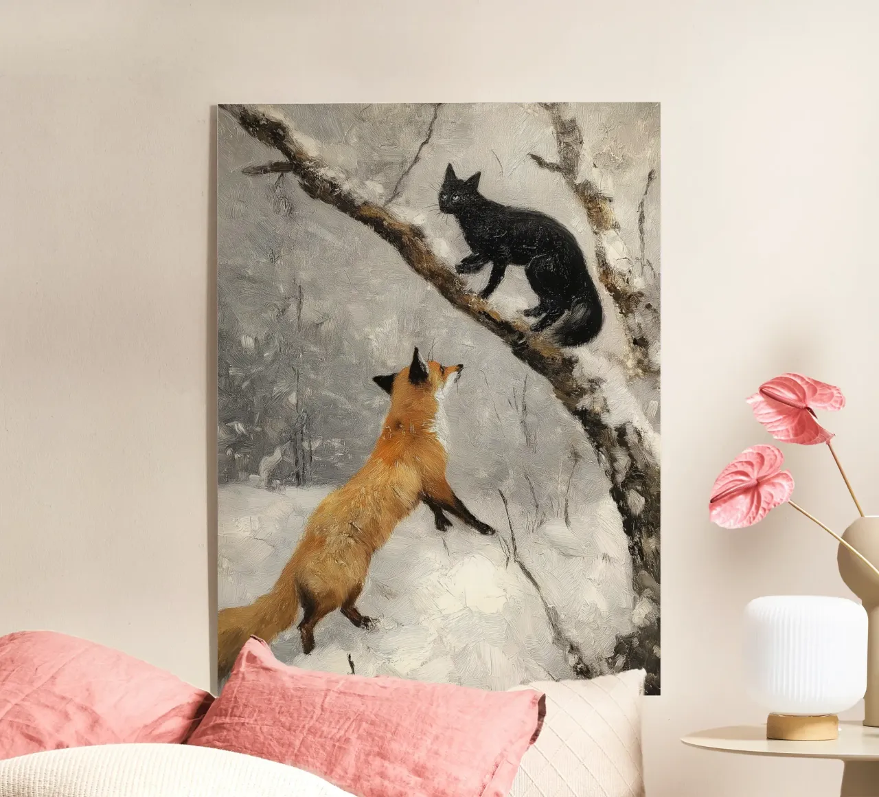 Volpe rossa e gatto nero nella foresta invernale innevata plexiglass da Cozy Vibes