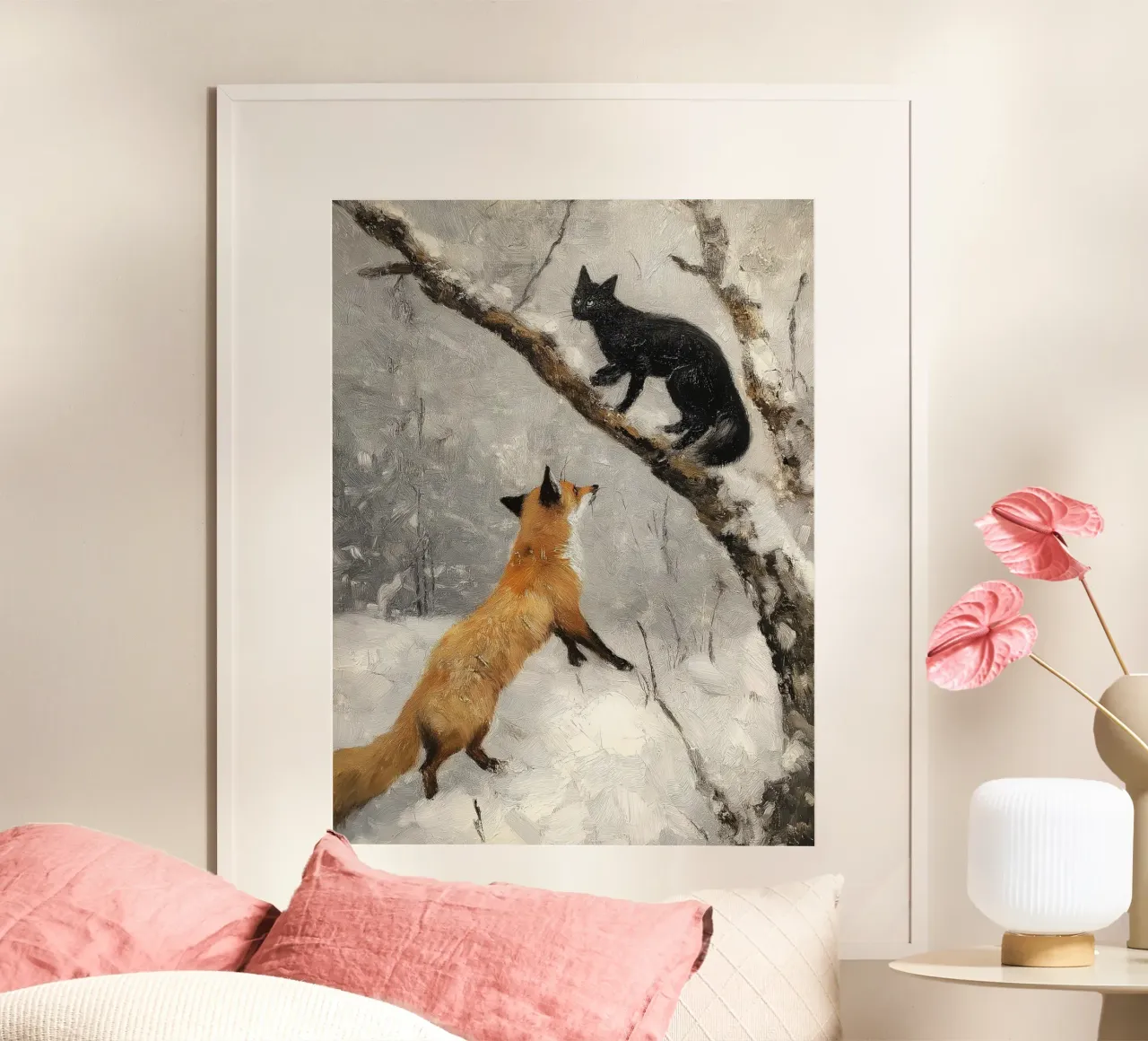 Volpe rossa e gatto nero nella foresta invernale innevata carta hahnemühle da Cozy Vibes