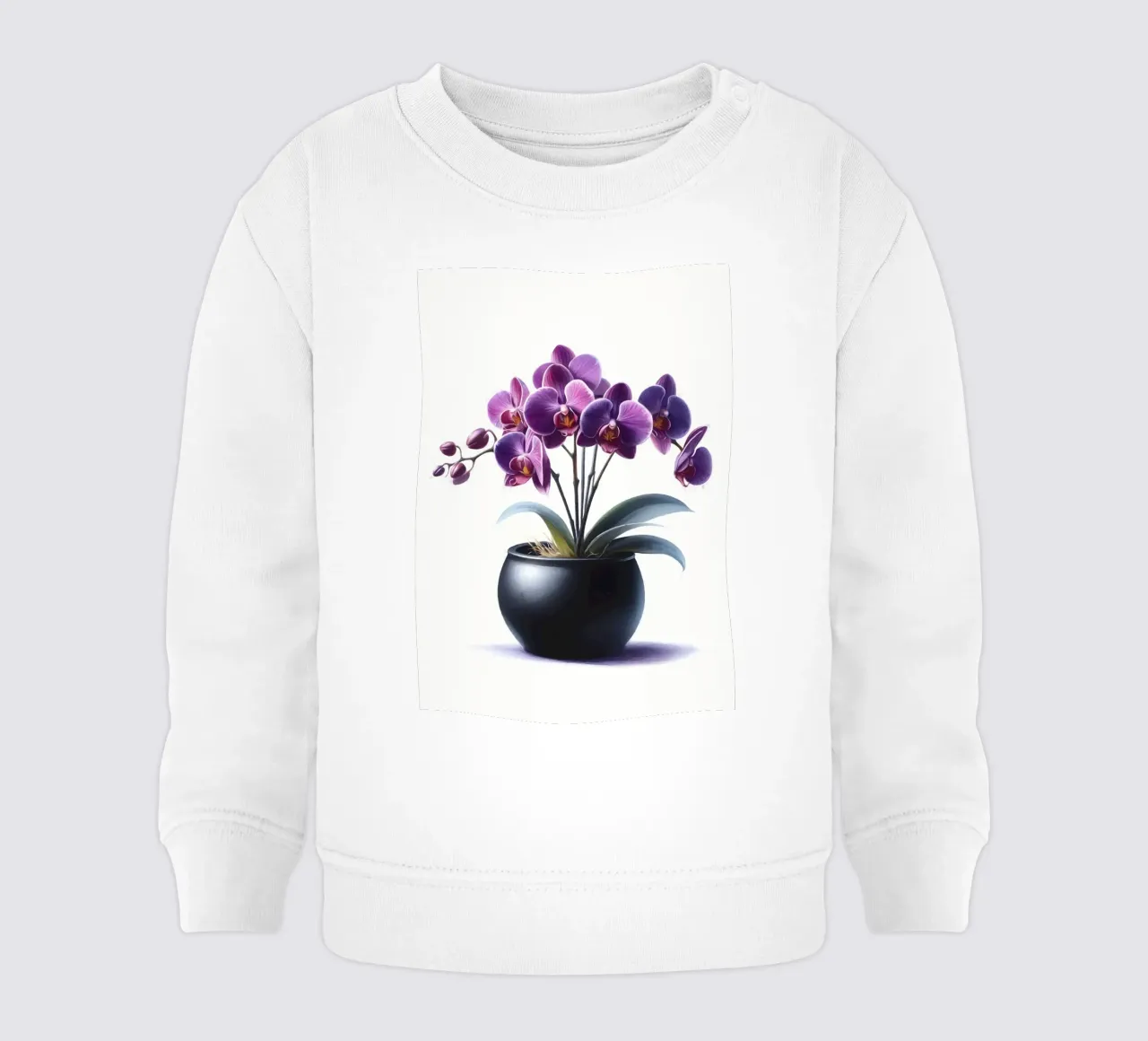 Una singola orchidea viola in un vaso di ceramica nera opaca felpa neonato da Bloom And Brush