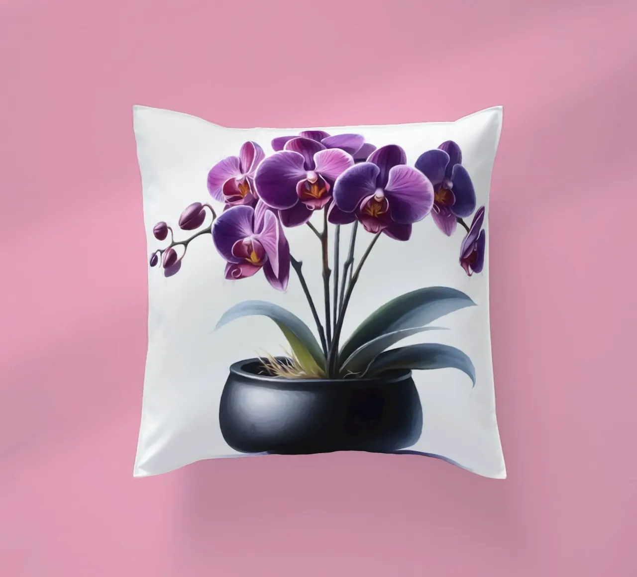 Una singola orchidea viola in un vaso di ceramica nera opaca cuscino da Bloom And Brush