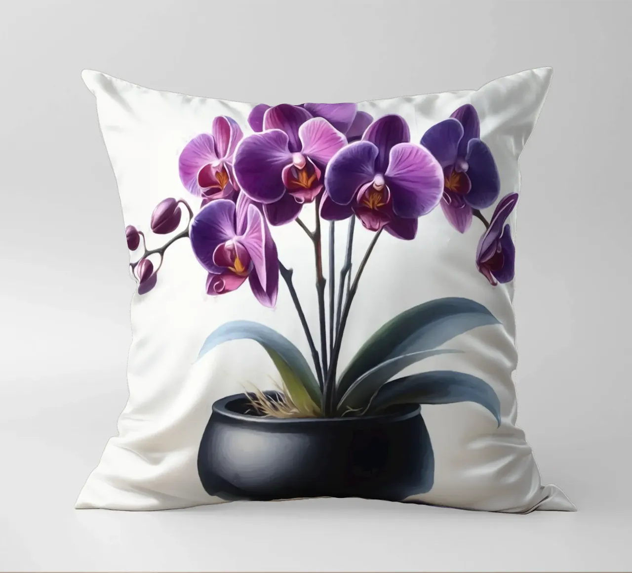 Una singola orchidea viola in un vaso di ceramica nera opaca cuscino da Bloom And Brush