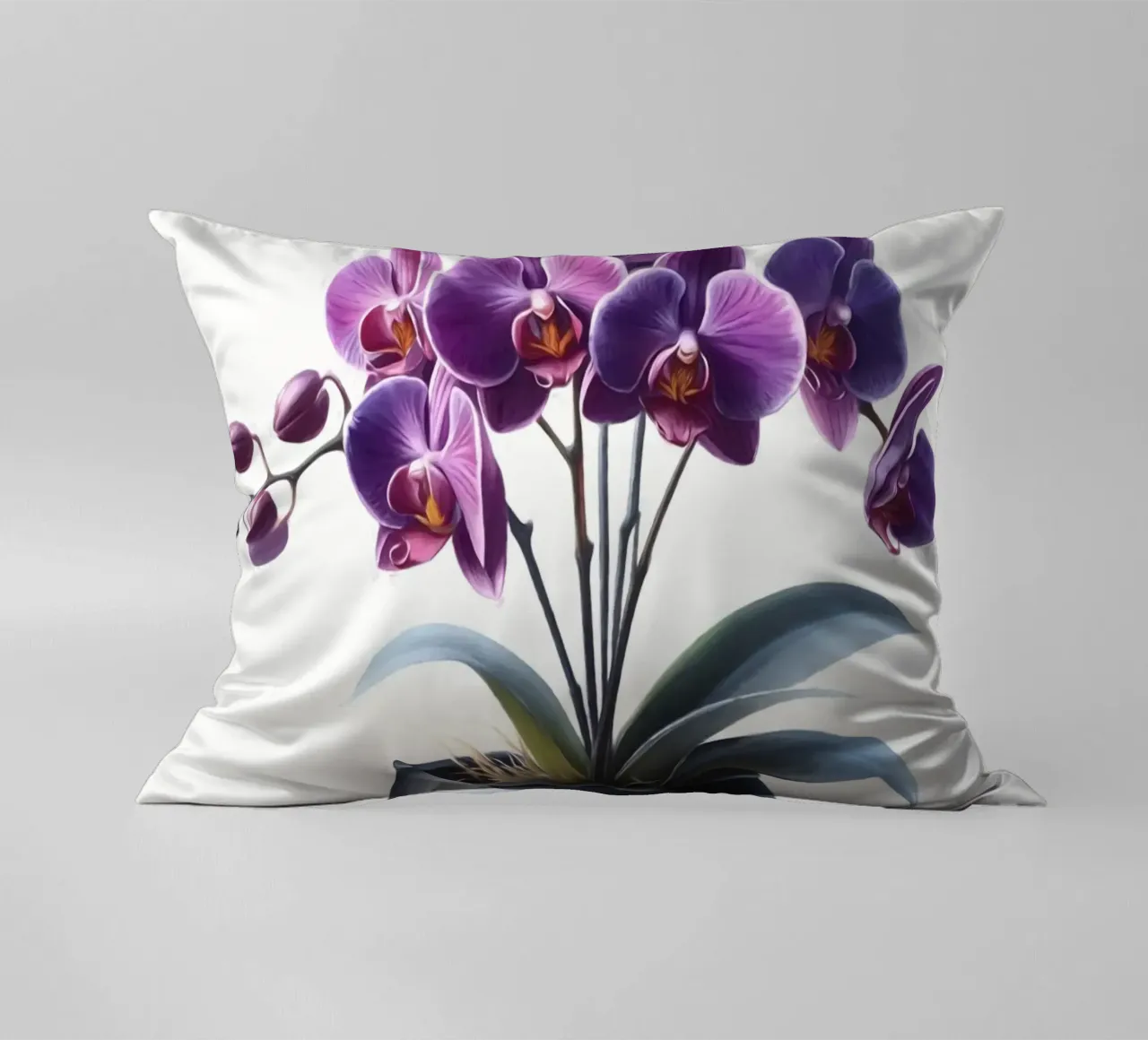 Una singola orchidea viola in un vaso di ceramica nera opaca cuscino da Bloom And Brush