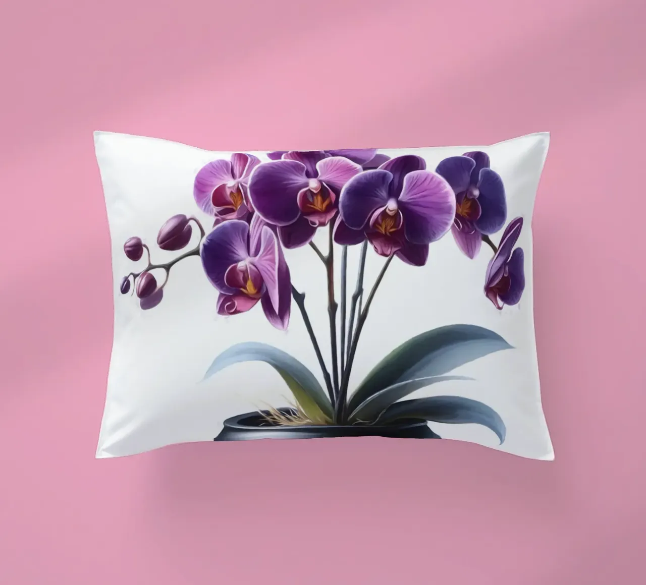 Una singola orchidea viola in un vaso di ceramica nera opaca cuscino da Bloom And Brush