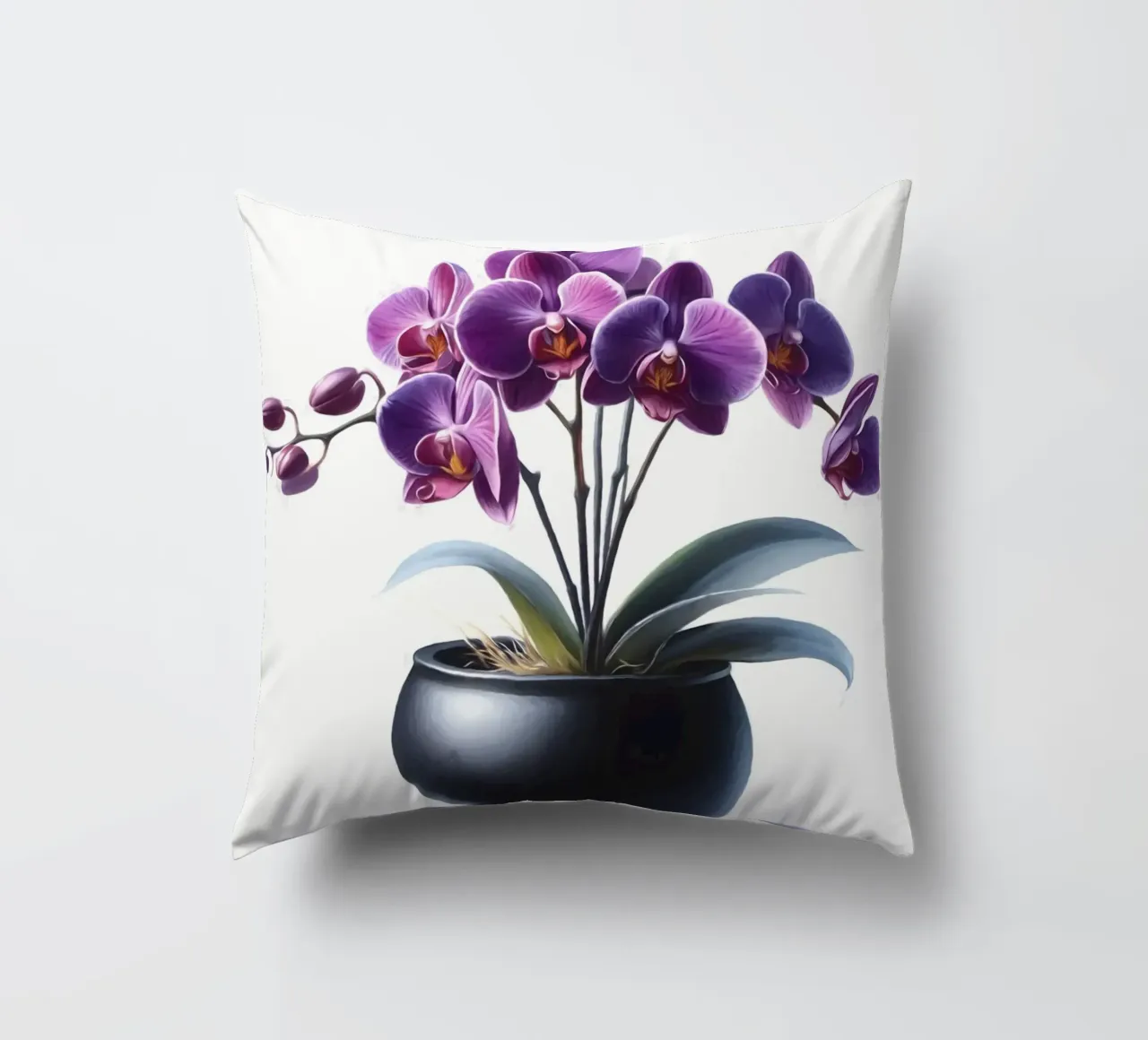 Una singola orchidea viola in un vaso di ceramica nera opaca cuscino da Bloom And Brush