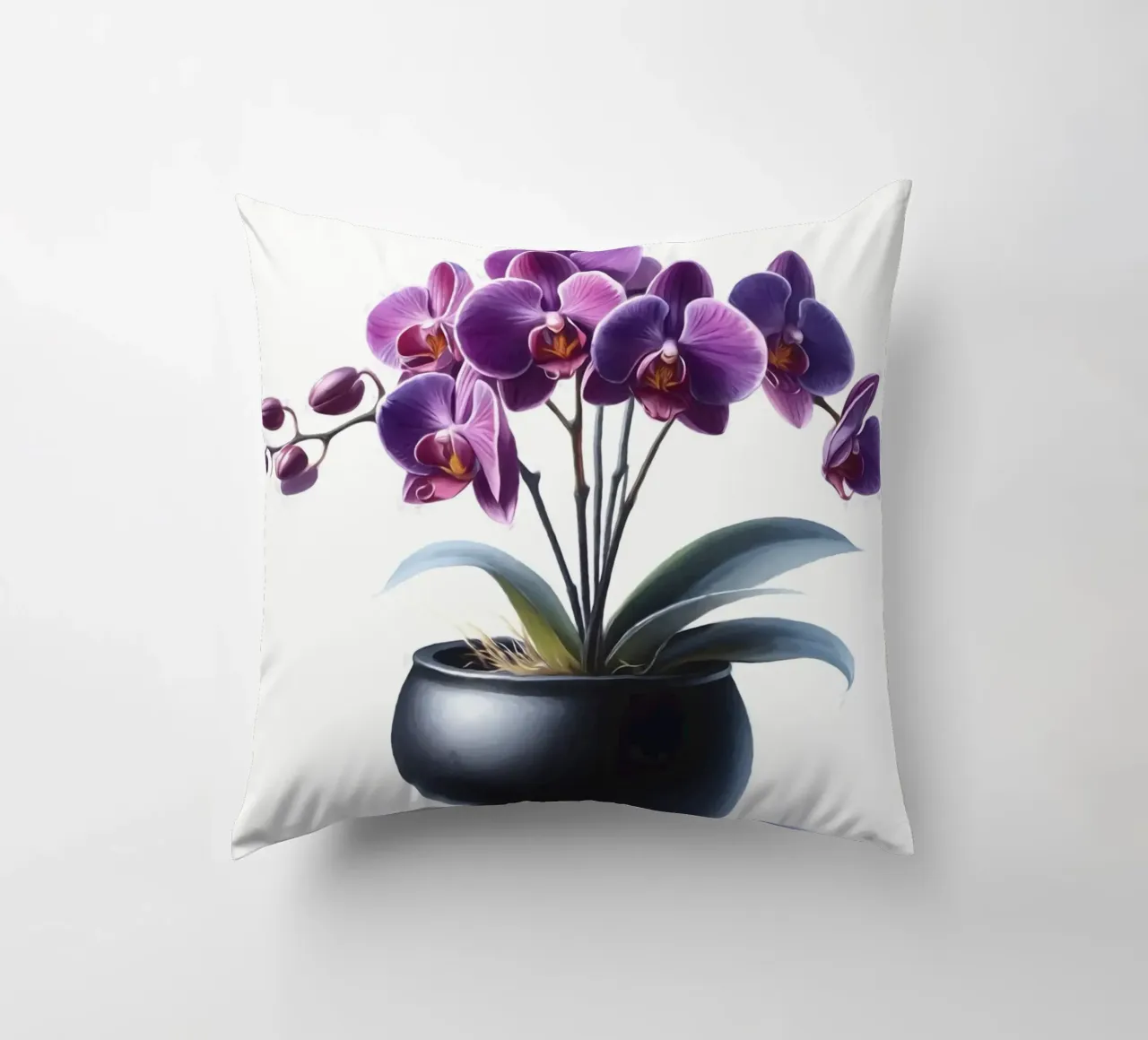 Una singola orchidea viola in un vaso di ceramica nera opaca cuscino da Bloom And Brush