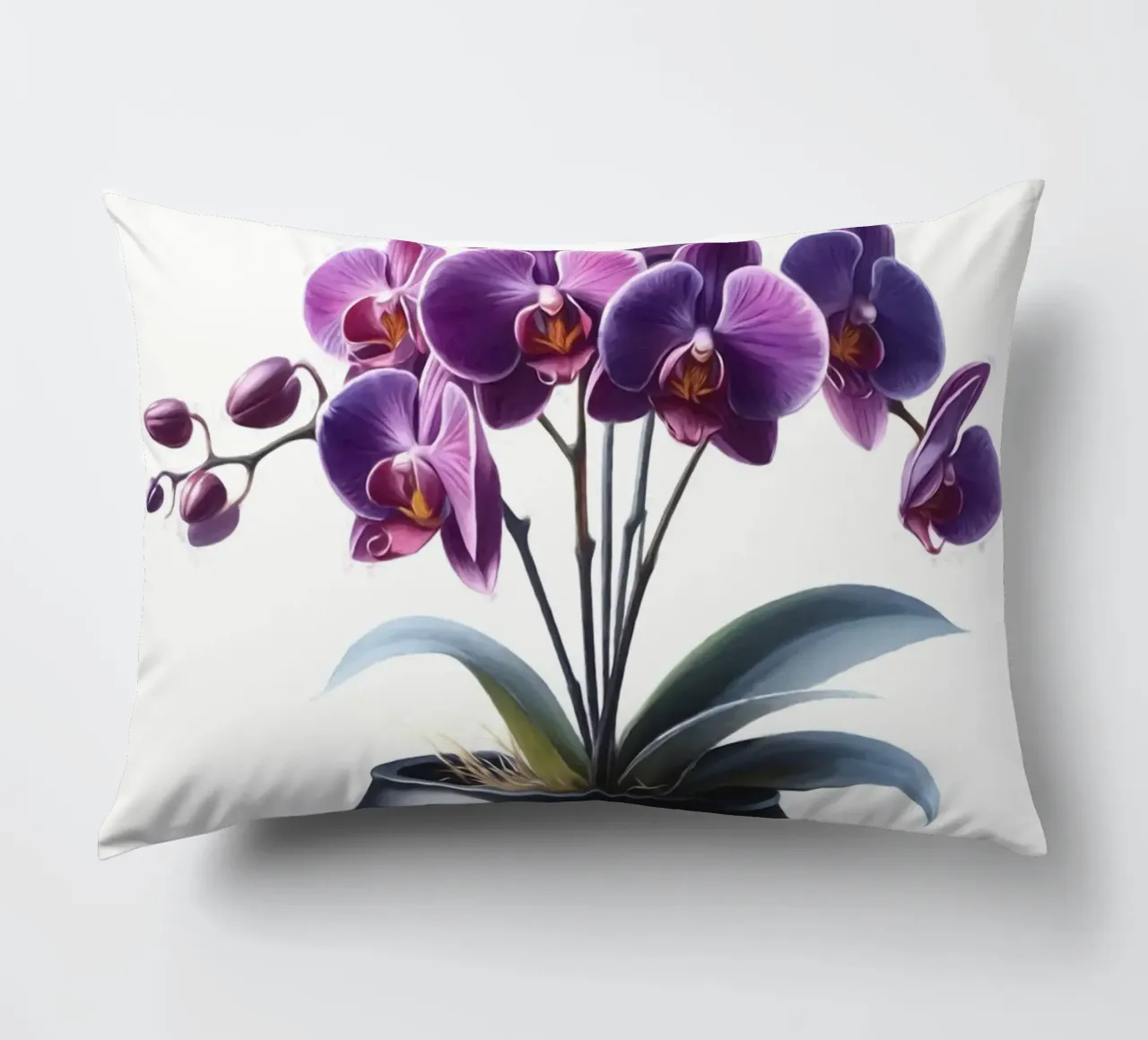 Una singola orchidea viola in un vaso di ceramica nera opaca cuscino da Bloom And Brush