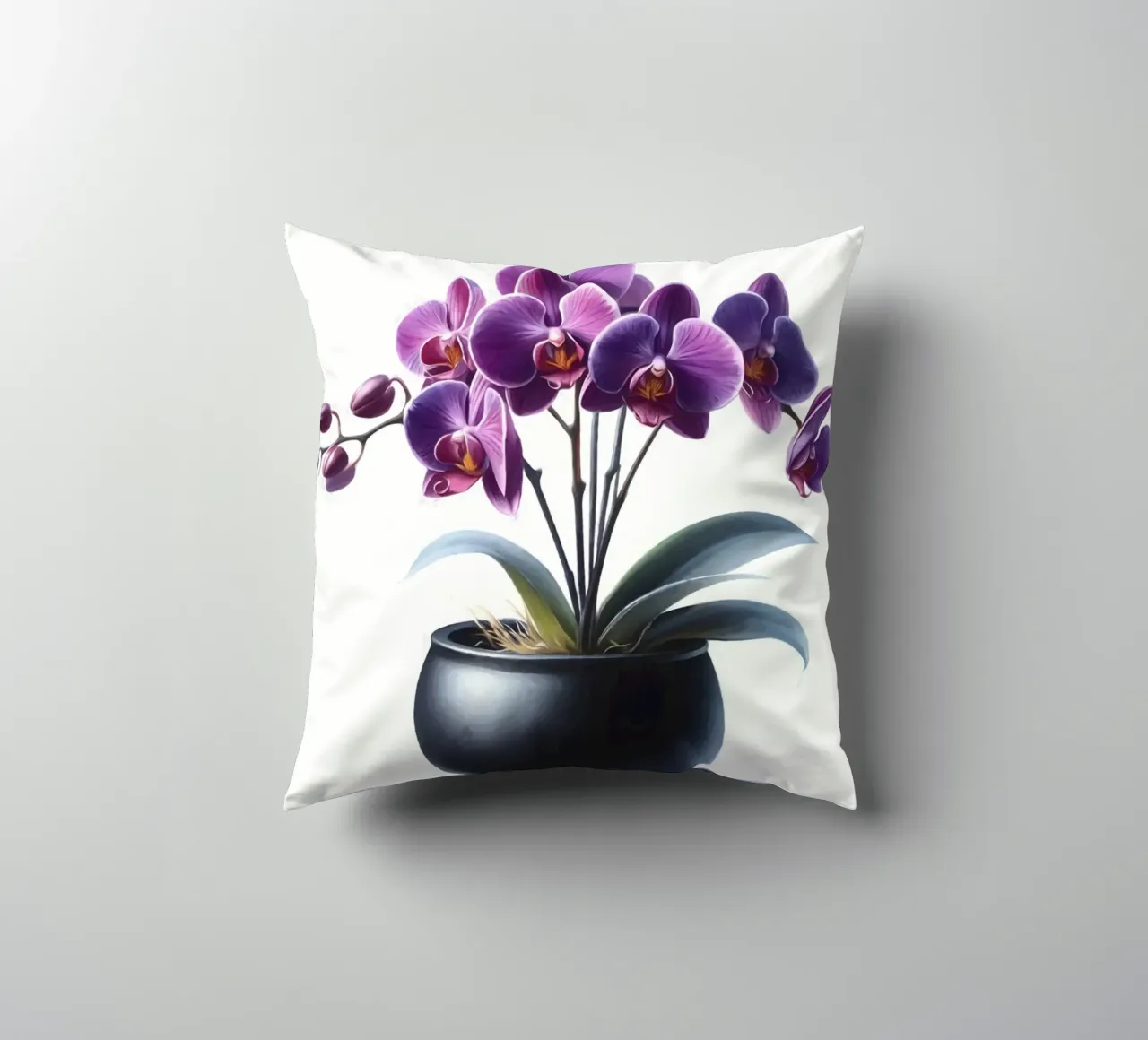 Una singola orchidea viola in un vaso di ceramica nera opaca cuscino da Bloom And Brush