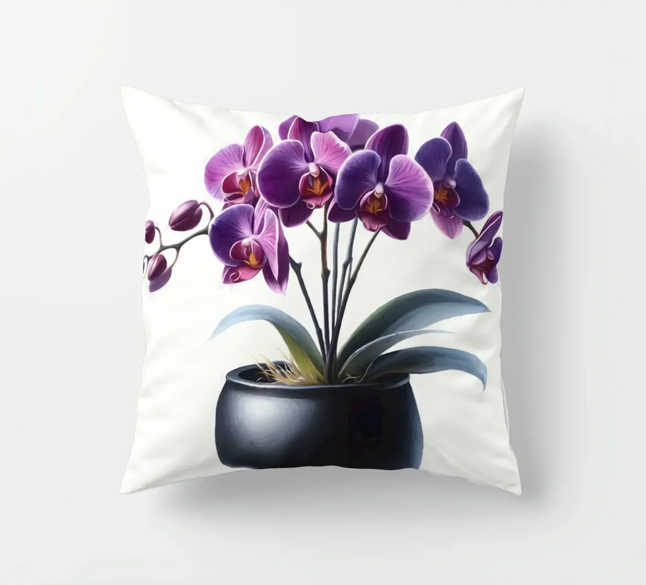 Una singola orchidea viola in un vaso di ceramica nera opaca cuscino da Bloom And Brush