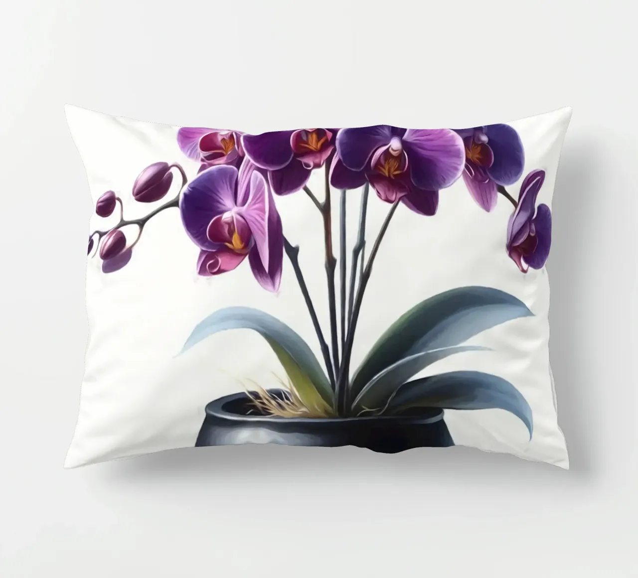 Una singola orchidea viola in un vaso di ceramica nera opaca cuscino da Bloom And Brush