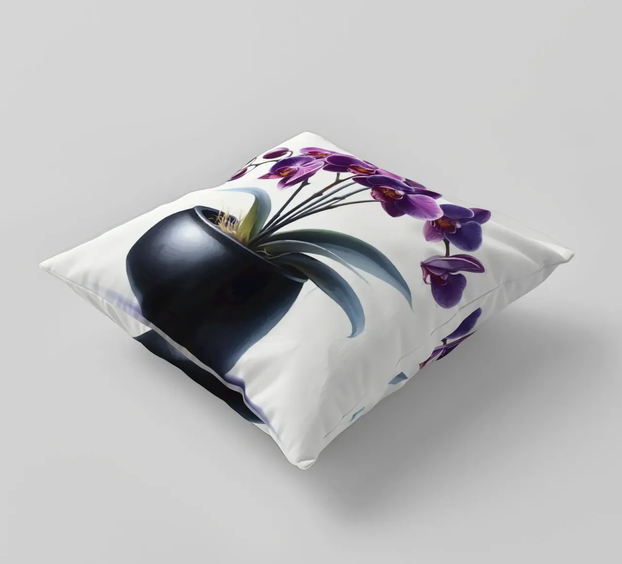 Una singola orchidea viola in un vaso di ceramica nera opaca cuscino da Bloom And Brush