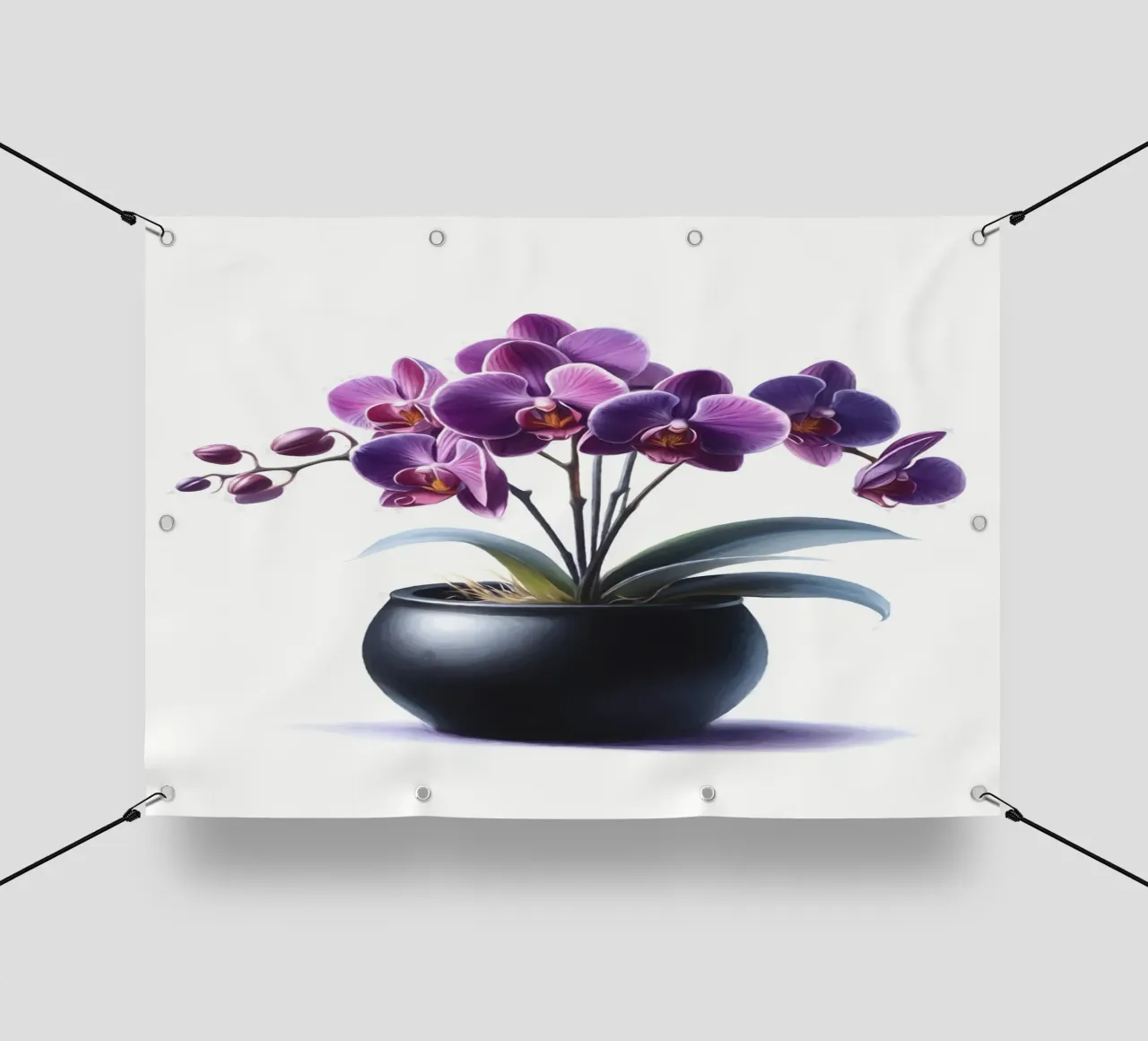 Una singola orchidea viola in un vaso di ceramica nera opaca telo in pvc da Bloom And Brush