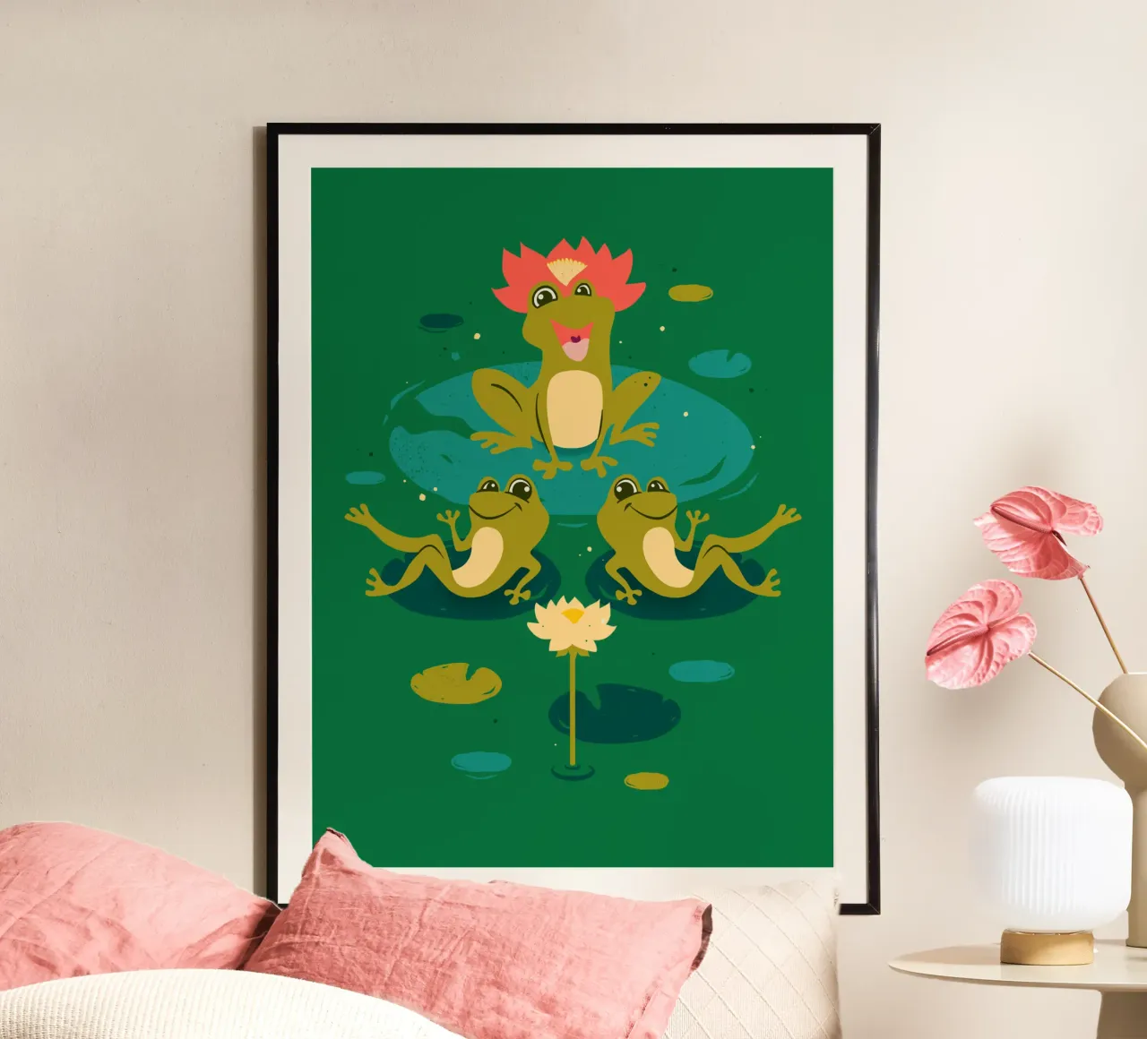 King Froggo and Waterlilies poster con telaio in legno da klossisch