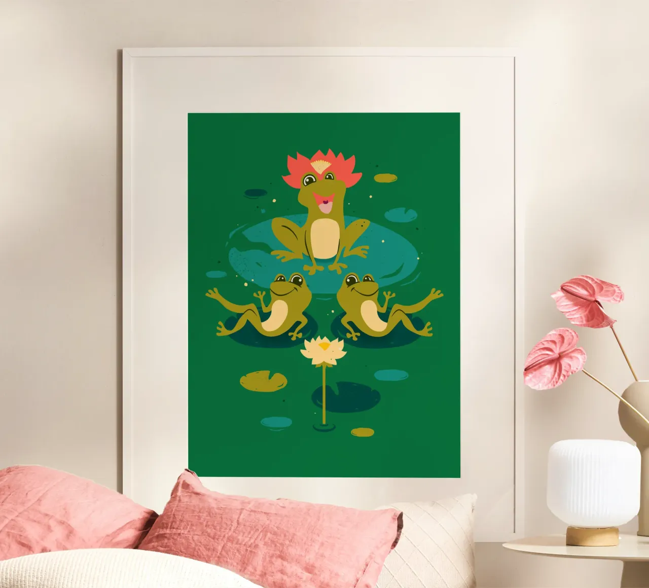 King Froggo and Waterlilies poster con telaio in legno da klossisch