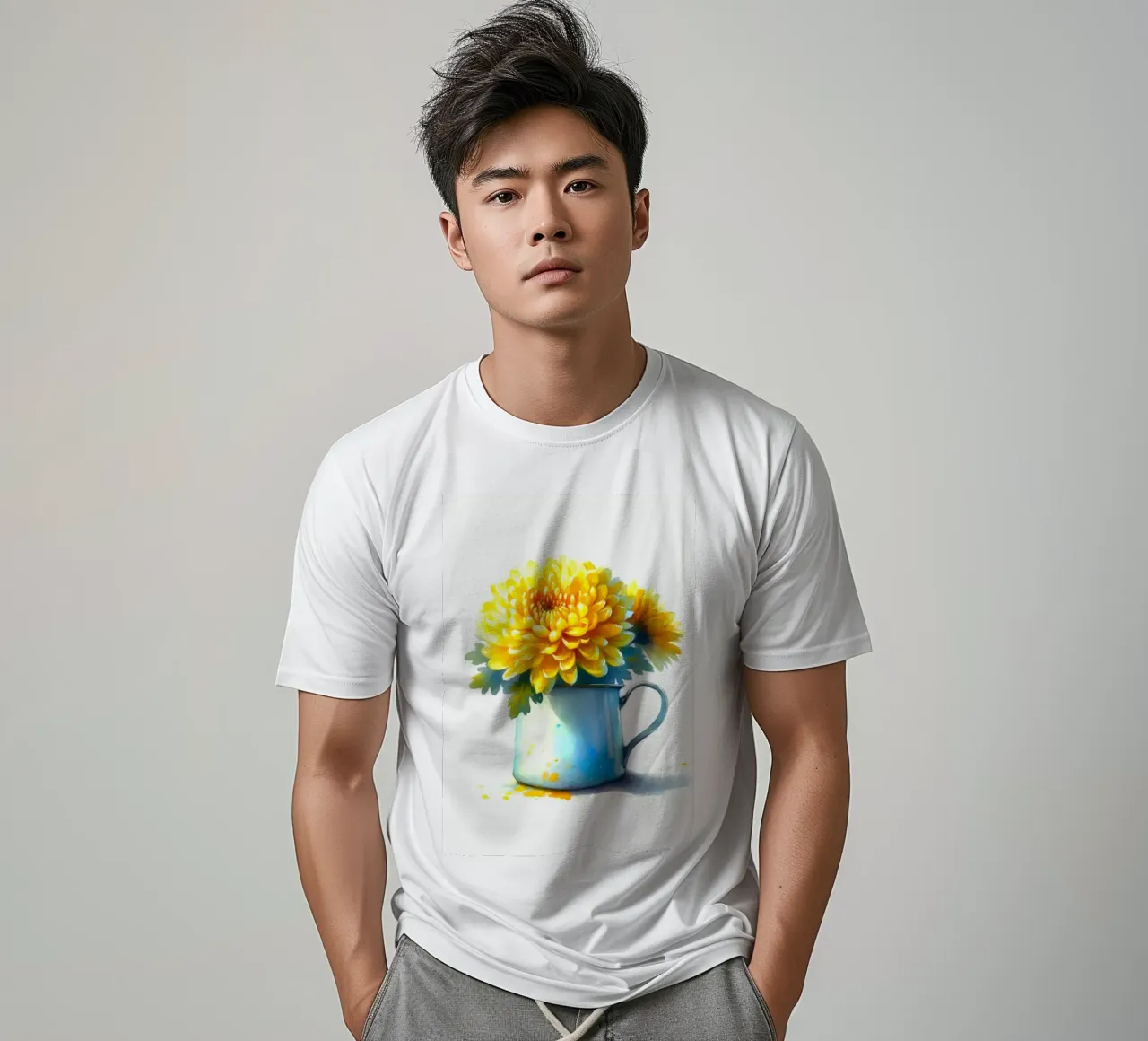 Un singolo crisantemo giallo in una brocca in smalto blu t-shirt da Bloom And Brush