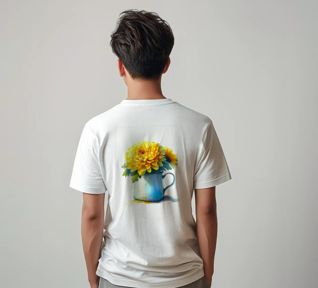 Un singolo crisantemo giallo in una brocca in smalto blu t-shirt da Bloom And Brush