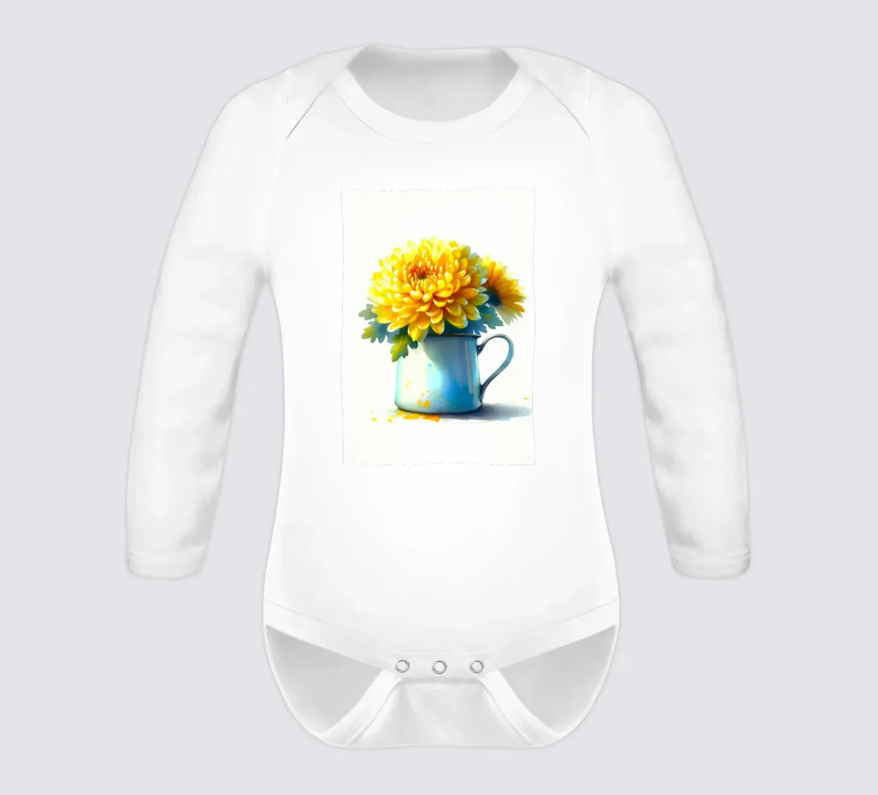 Un seul chrysanthème jaune dans un pichet en émail bleu body manches longues de Bloom And Brush