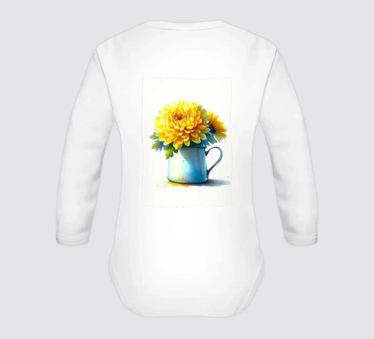 Un seul chrysanthème jaune dans un pichet en émail bleu body manches longues de Bloom And Brush