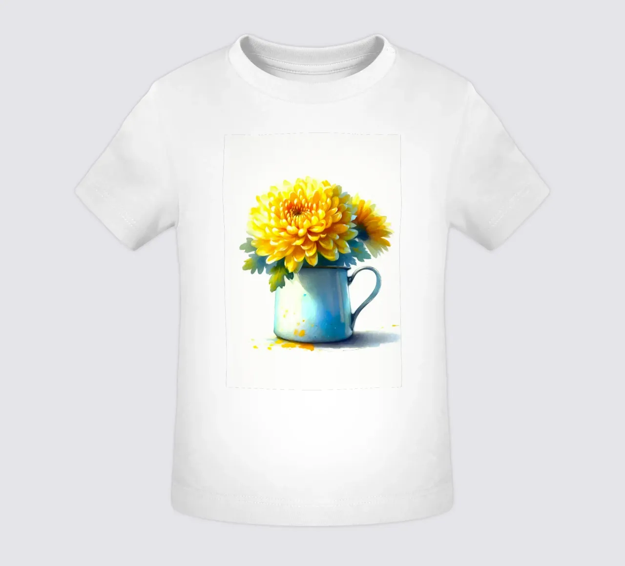 Un singolo crisantemo giallo in una brocca in smalto blu maglietta neonato da Bloom And Brush