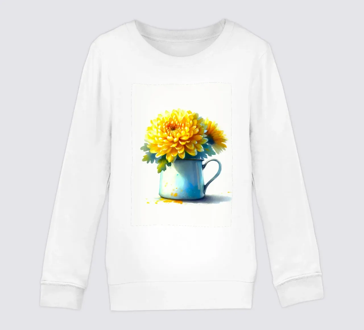 Un singolo crisantemo giallo in una brocca in smalto blu felpa bambino da Bloom And Brush