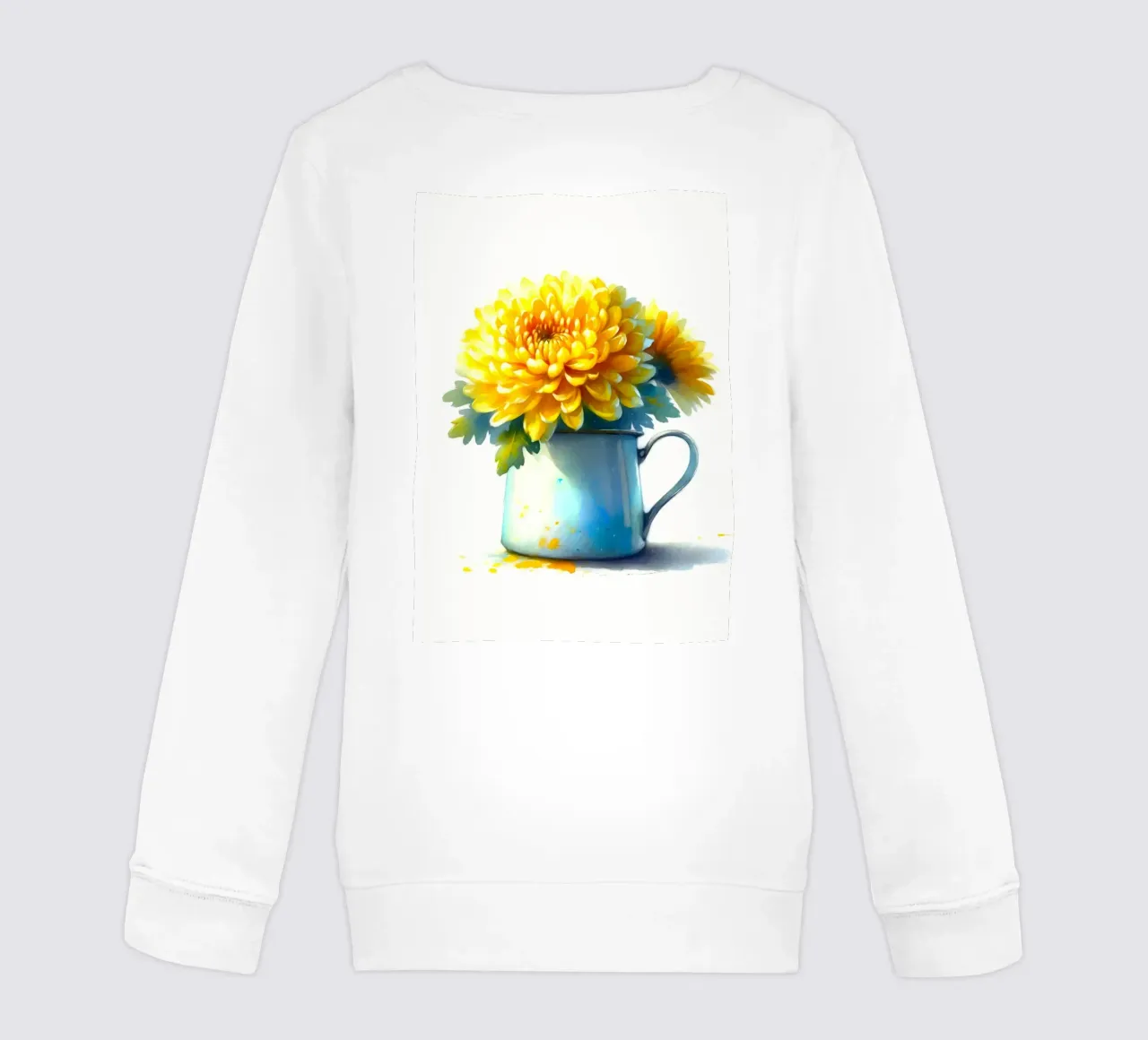Un singolo crisantemo giallo in una brocca in smalto blu felpa bambino da Bloom And Brush