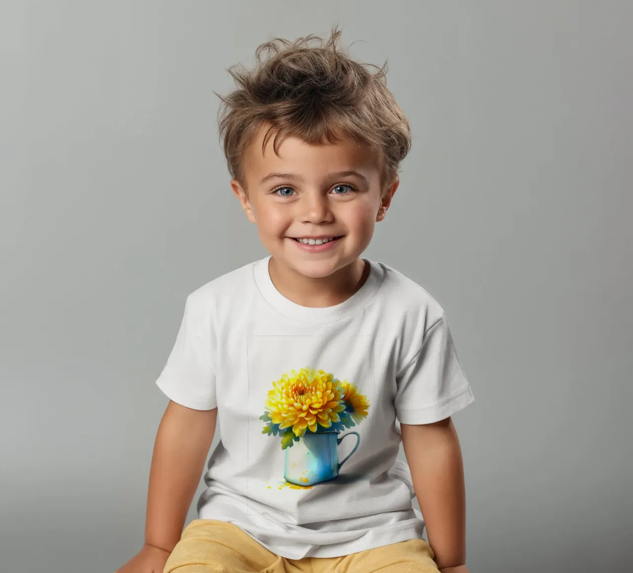 Un seul chrysanthème jaune dans un pichet en émail bleu t-shirt enfant de Bloom And Brush