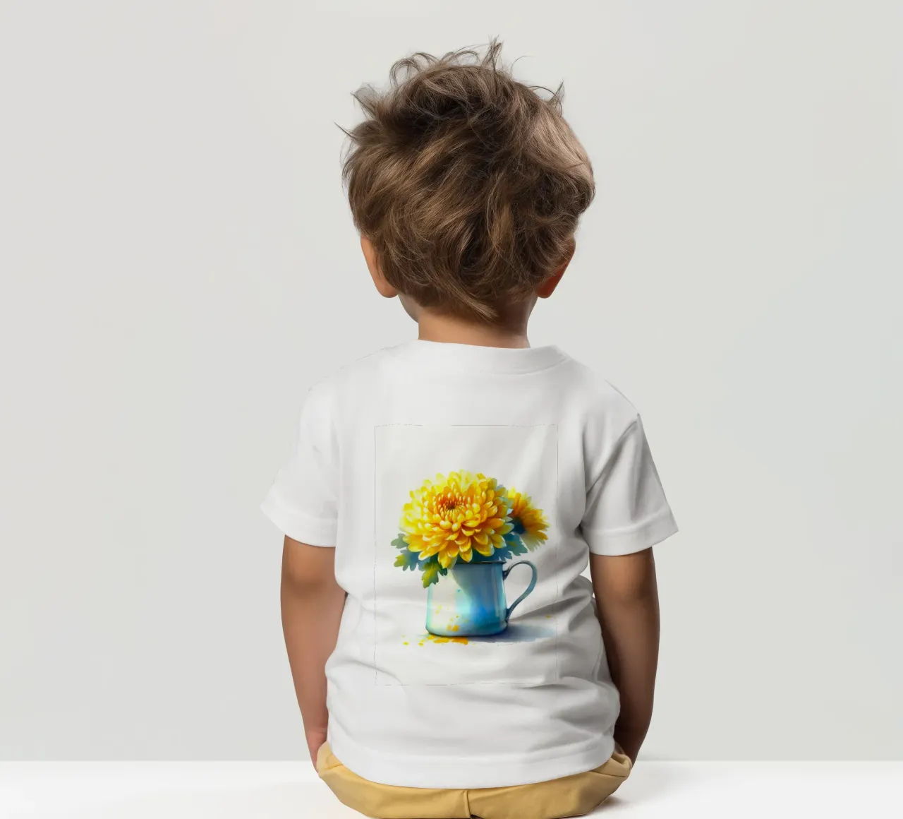 Un seul chrysanthème jaune dans un pichet en émail bleu t-shirt enfant de Bloom And Brush
