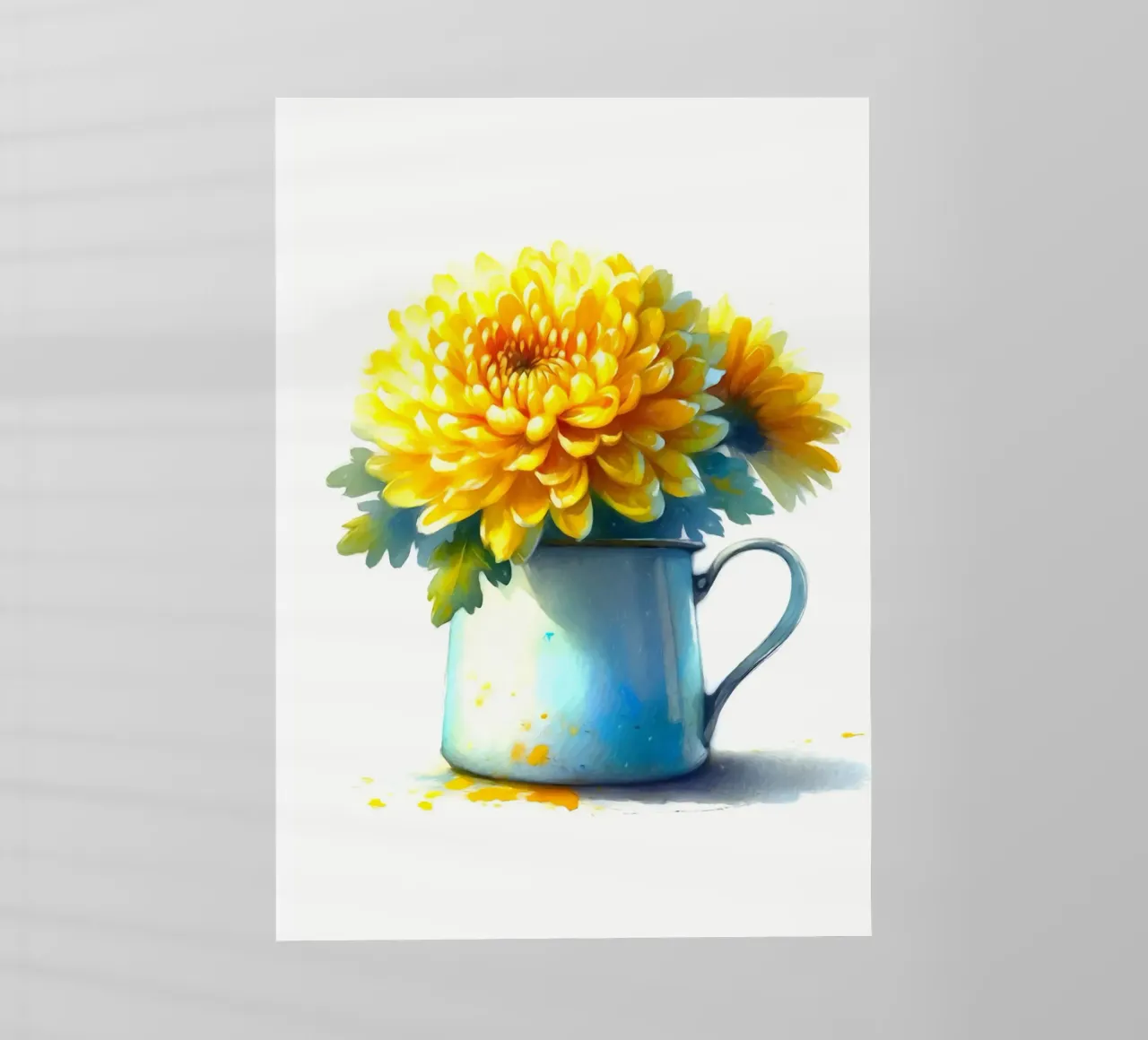 Un singolo crisantemo giallo in una brocca in smalto blu pellicola backlit da Bloom And Brush
