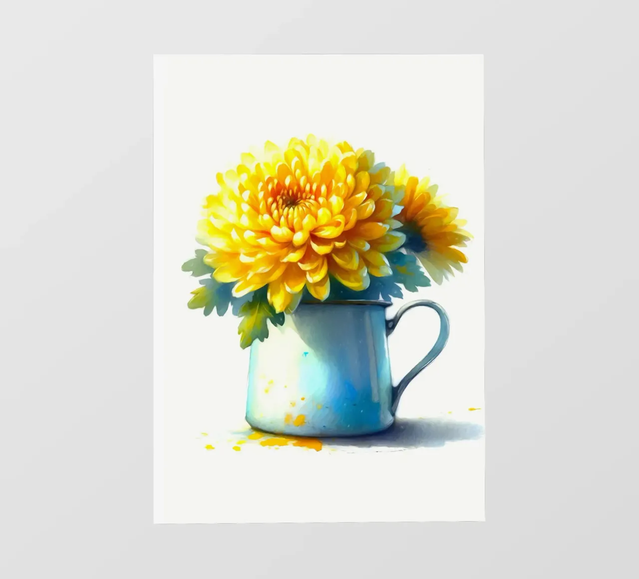 Un singolo crisantemo giallo in una brocca in smalto blu pellicola backlit da Bloom And Brush