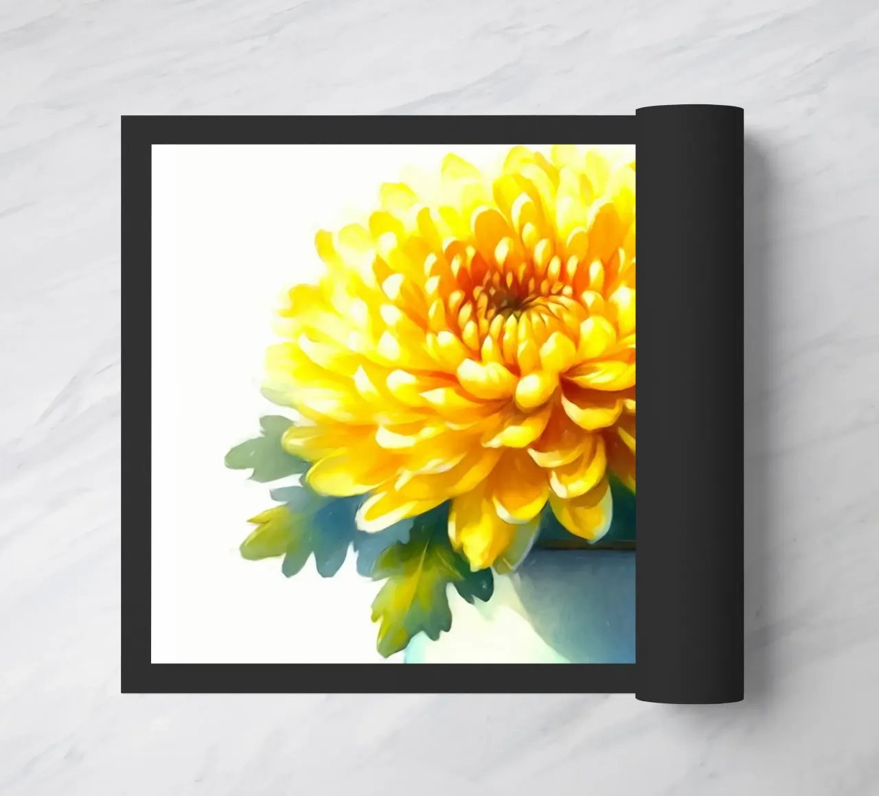 Un singolo crisantemo giallo in una brocca in smalto blu zerbino da Bloom And Brush
