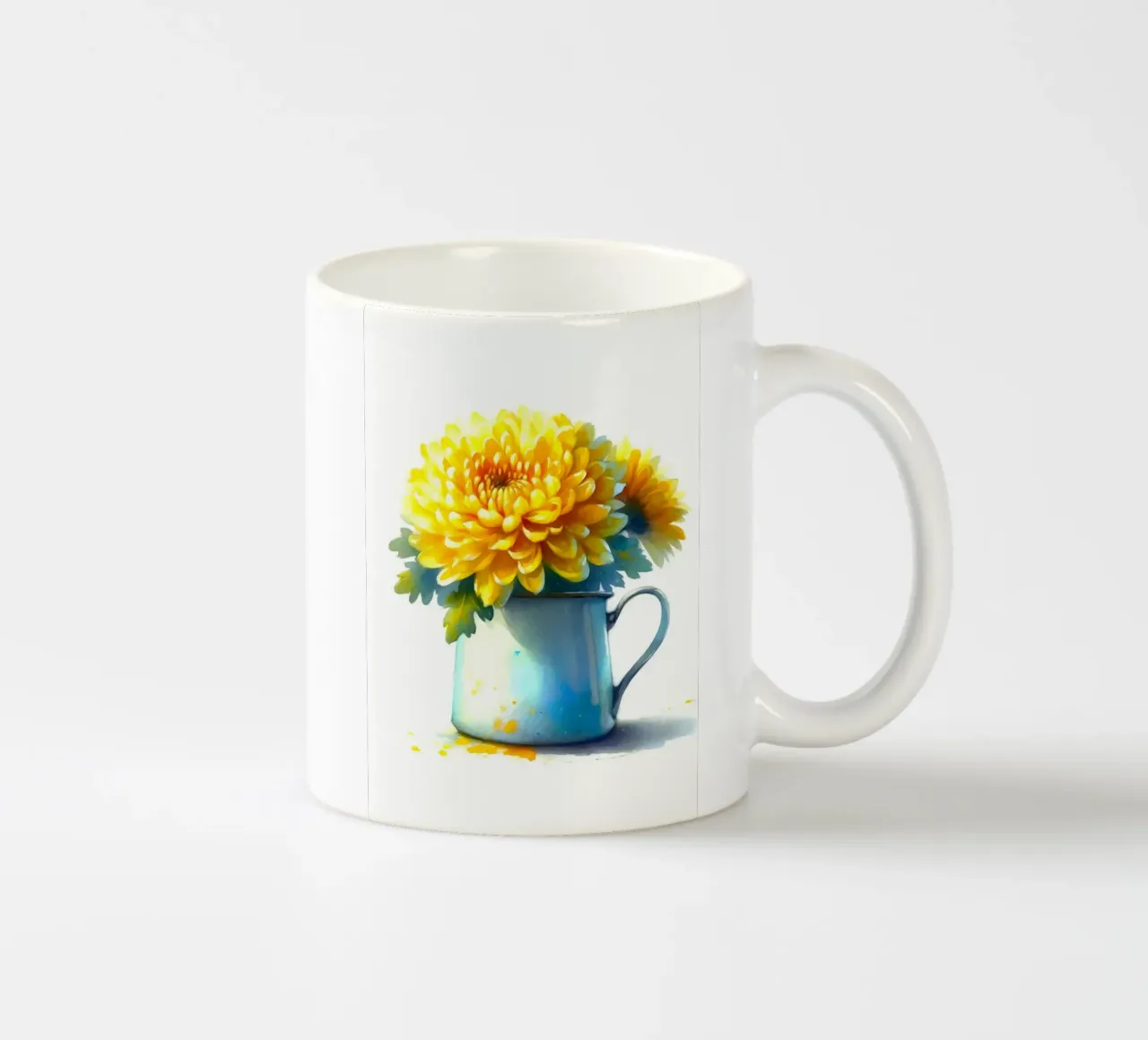 Un singolo crisantemo giallo in una brocca in smalto blu tazza in ceramica da Bloom And Brush