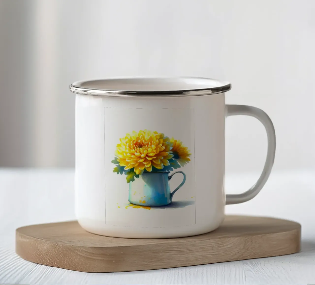 Un singolo crisantemo giallo in una brocca in smalto blu tazza in smalto da Bloom And Brush