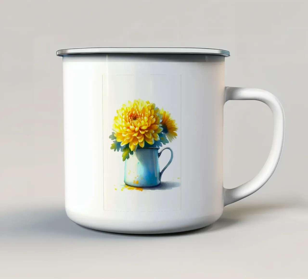Un singolo crisantemo giallo in una brocca in smalto blu tazza in smalto da Bloom And Brush