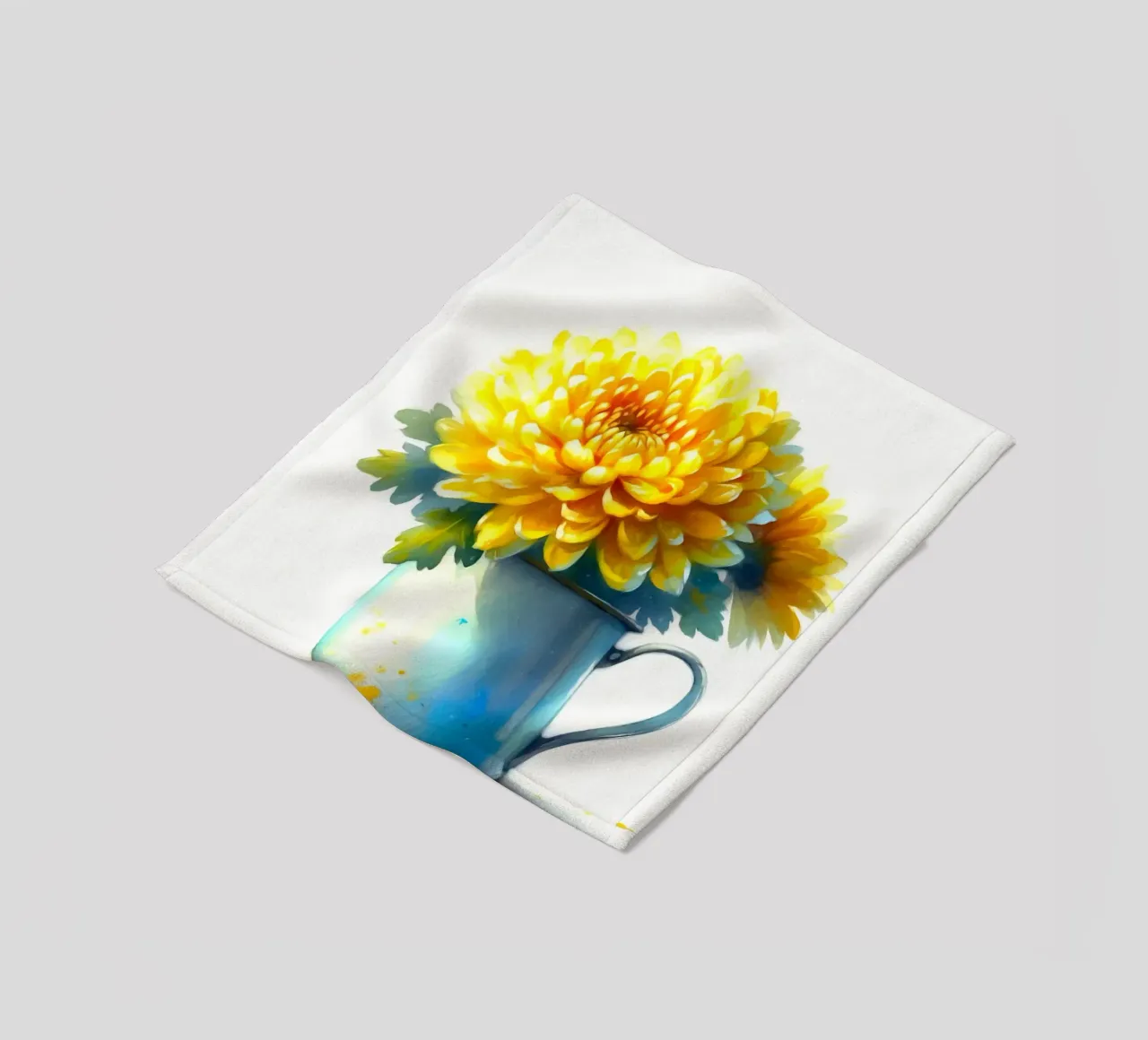 Un singolo crisantemo giallo in una brocca in smalto blu coperta in pile da Bloom And Brush