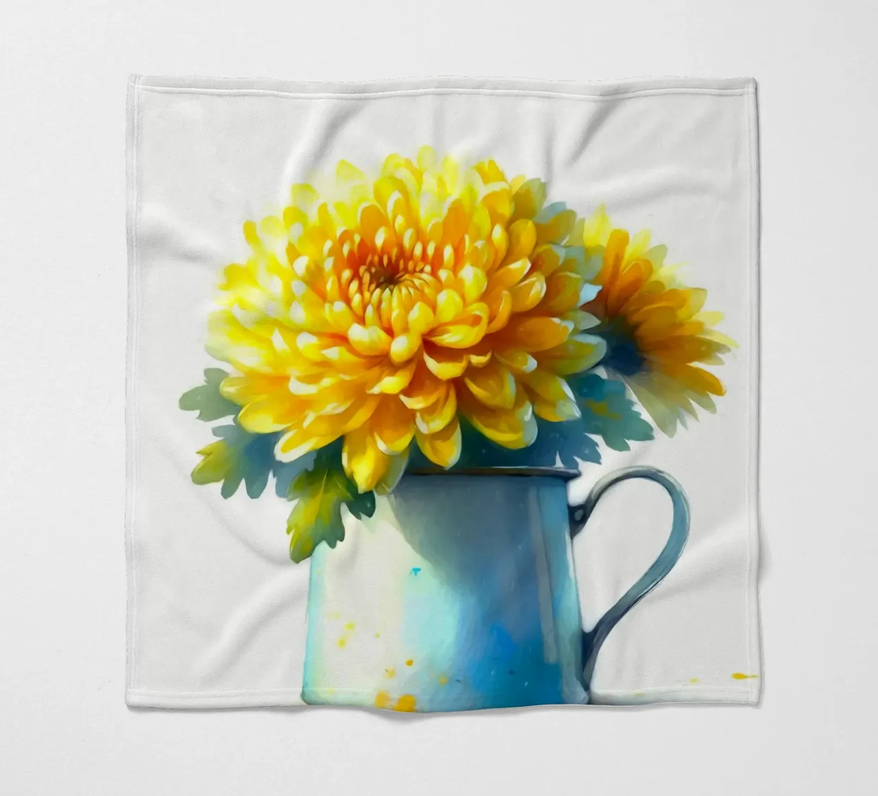 Un singolo crisantemo giallo in una brocca in smalto blu coperta in pile da Bloom And Brush