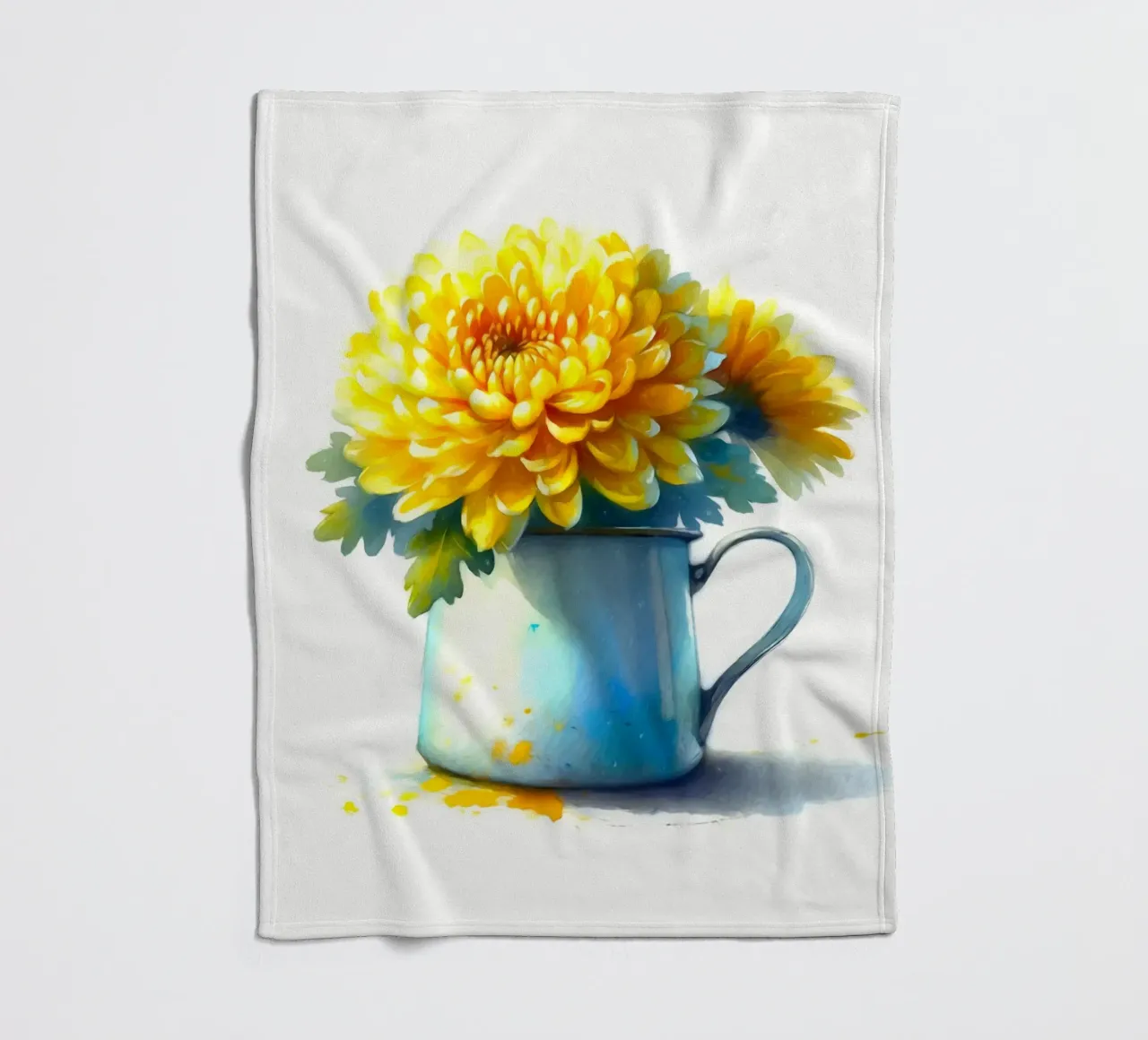 Un singolo crisantemo giallo in una brocca in smalto blu coperta in pile da Bloom And Brush