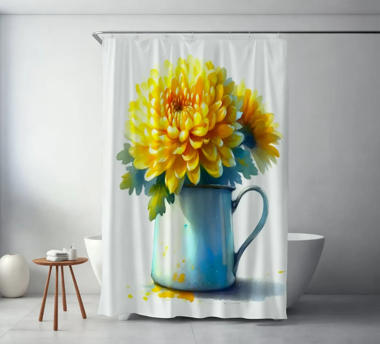Un singolo crisantemo giallo in una brocca in smalto blu tenda da doccia da Bloom And Brush