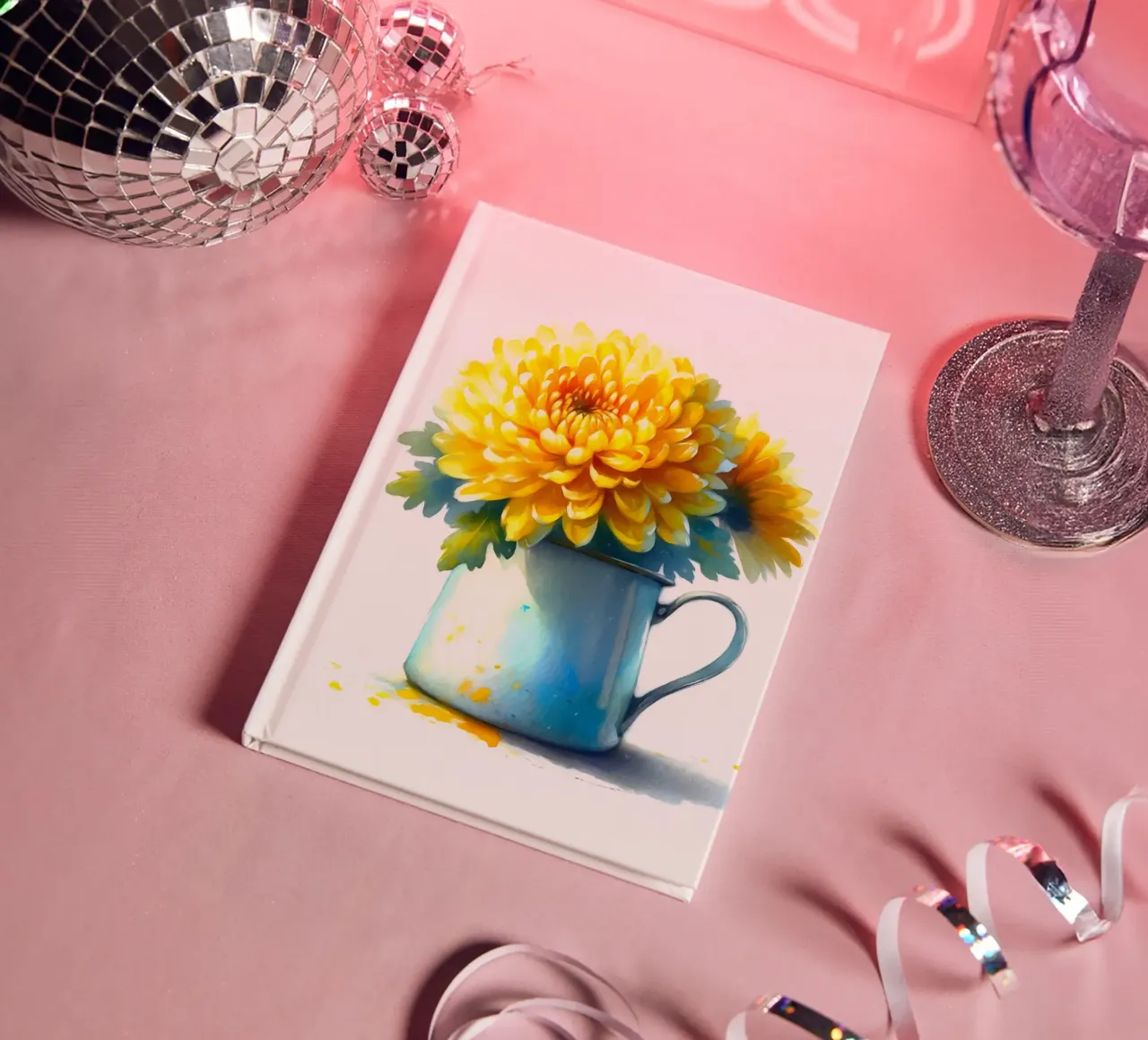 Un singolo crisantemo giallo in una brocca in smalto blu diario da Bloom And Brush