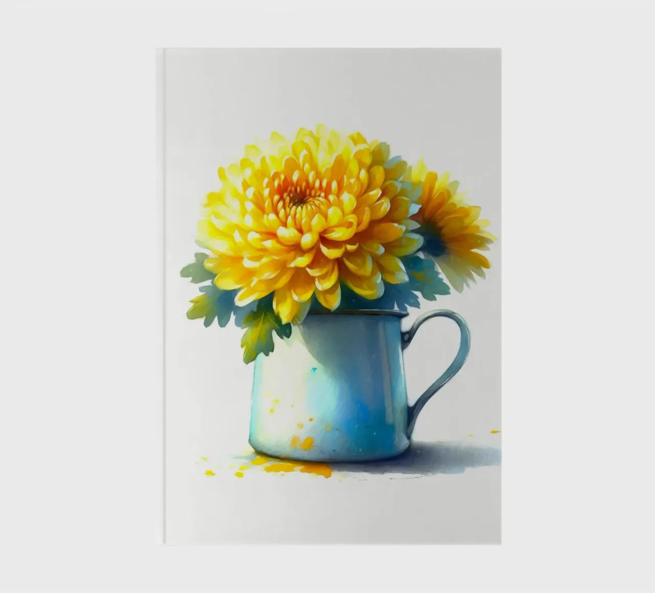 Un singolo crisantemo giallo in una brocca in smalto blu diario da Bloom And Brush