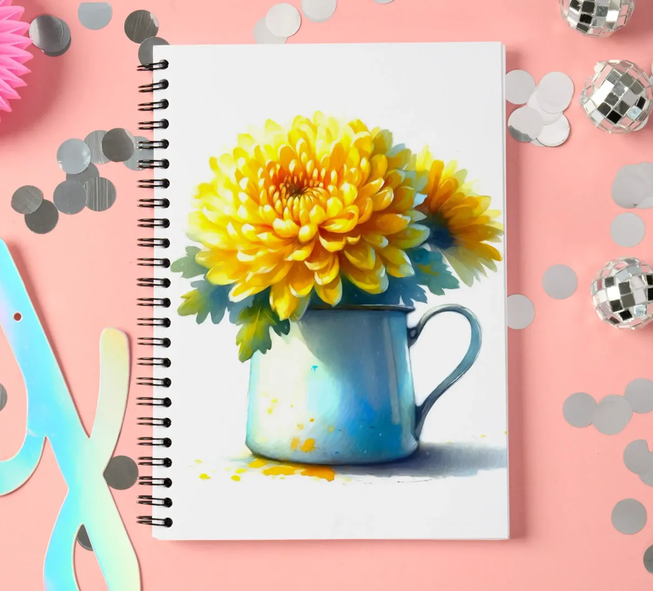Un seul chrysanthème jaune dans un pichet en émail bleu carnet à spirale de Bloom And Brush